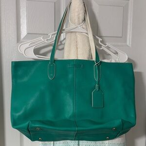 Lauren Ralph Lauren Emerald Green Leather Tote with Luggage Tag